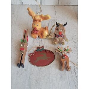 Vintage Rudolph figure reindeer ornament Bell Xmas unique set